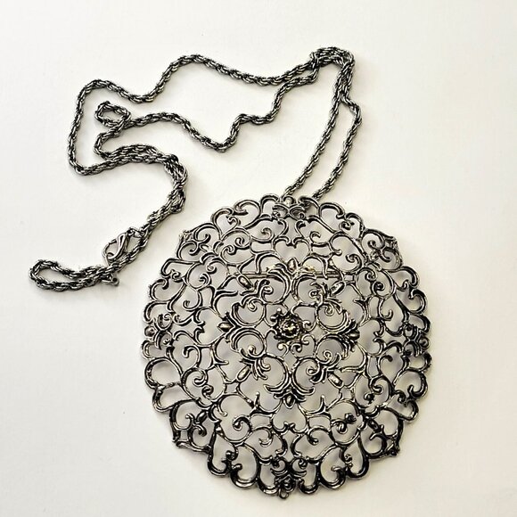 Vintage Antique Silver Statement Pendant Filigree Round Pendany - Picture 2 of 12